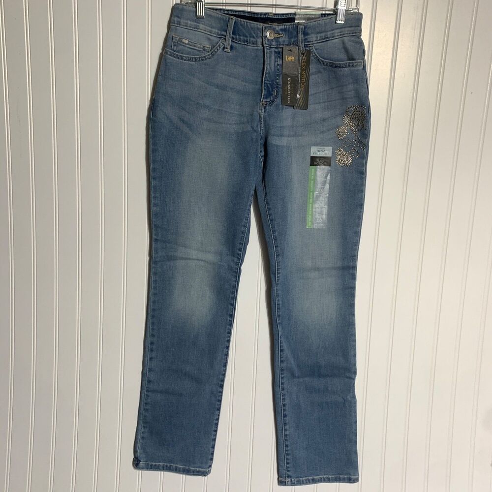 Lee Women's Size 10 Flex Motion Straight Leg Floral Accent Mid Rise Pants‎ Jeans